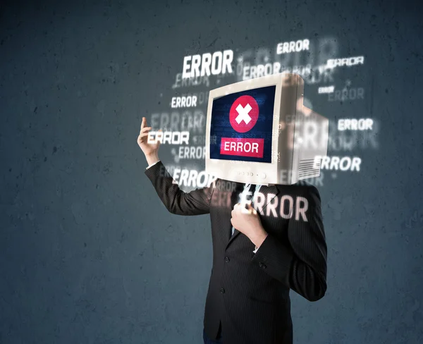 Business man with pc monitor on his head and error messages on t — Stock Photo, Image