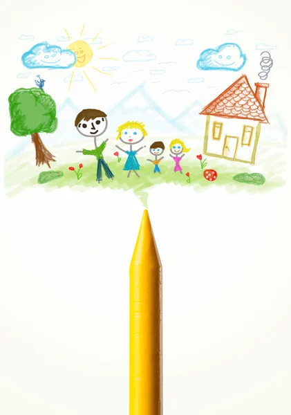 Crayon close-up with a drawing of a family — Stock Photo, Image