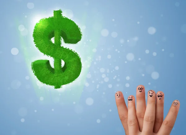 Glückliche Smiley-Finger beim Blick auf grünes Blatt-Dollarzeichen — Stockfoto