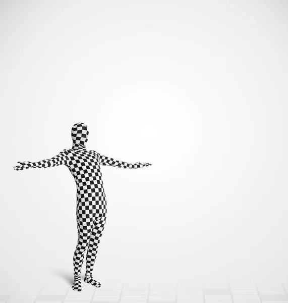 Funny guy in morphsuit body suit looking at copy space — Stock Photo, Image