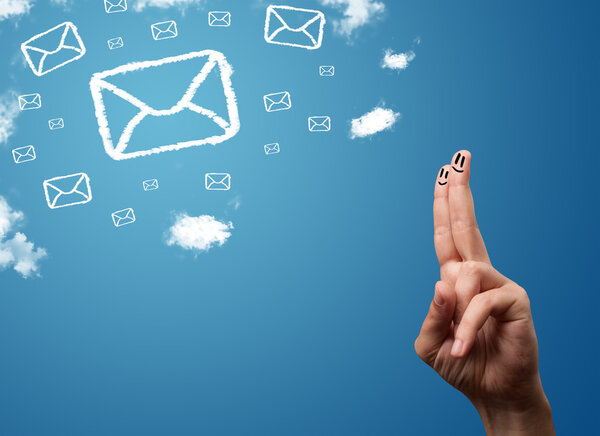 Happy smiley fingers looking at mail icons made out of clouds