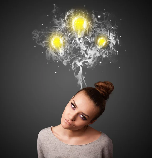 Thoughtful woman with smoke and lightbulbs above her head — Stock Photo, Image