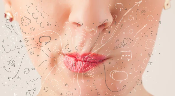 きれいな女性の口吹き手描きアイコンと記号 — ストック写真