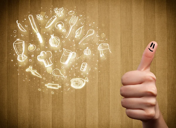 Vrolijke vinger glimlachen met voedsel en keuken hand getrokken pictogrammen — Stockfoto