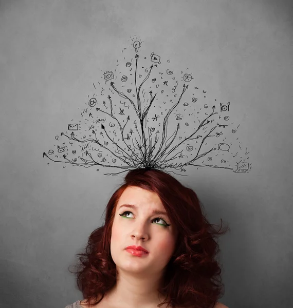 Young woman with tangled lines coming out of her head — Stock Photo, Image