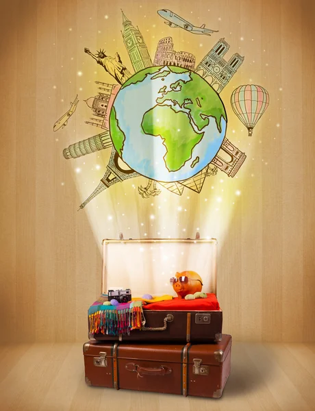 Bagage met reizen rond de wereld illustratie concept — Stockfoto