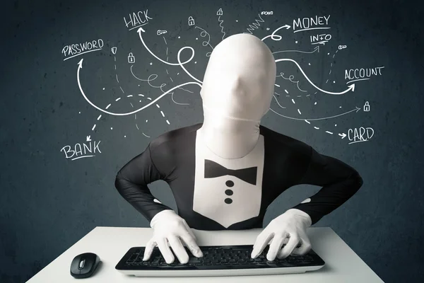 Morphsuit hacker with white drawn line thoughts — Stock Photo, Image