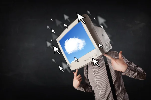 Geschäftsmann mit Monitor auf dem Kopf, Cloud-System und Pointer — Stockfoto