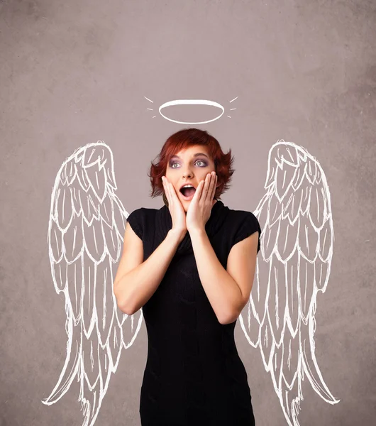 Cute girl with angel illustrated wings — Stock Photo, Image