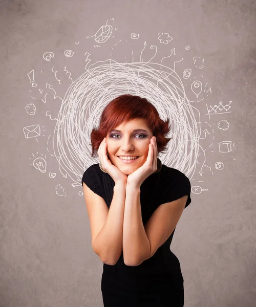 Pretty young girl with abstract circular doodle lines and icons — Stock Photo, Image