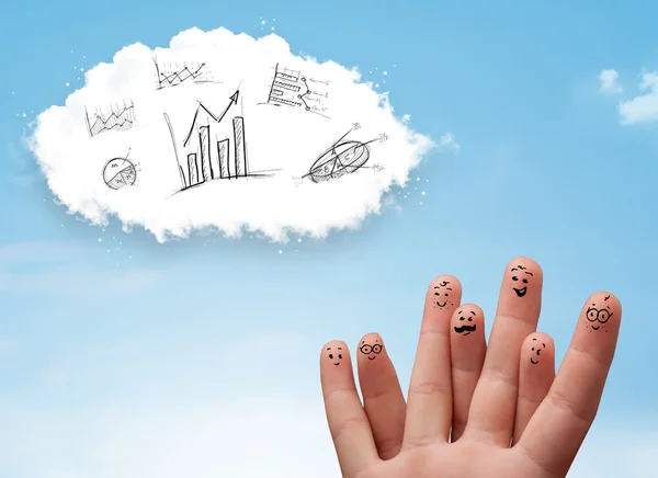 Glada leende fingrar tittar på moln med handritade diagram — Stockfoto