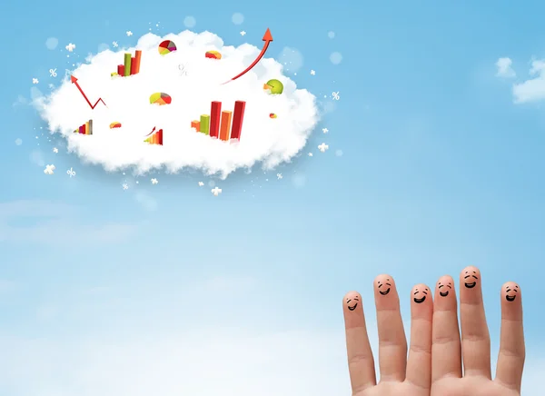 Happy finger smiley with graph cloud icons in the sky — Stock Photo, Image