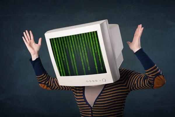 Cyber human with a monitor screen and computer code on the displ — Stock Photo, Image