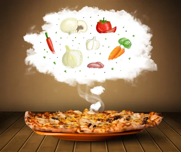Pizza with vegetable ingredients illustration in cloud — Stock Photo, Image
