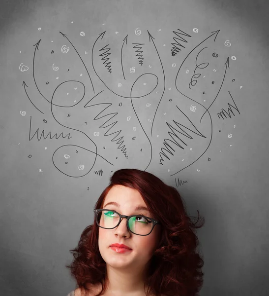 Young woman thinking with arrows over her head — Stock Photo, Image