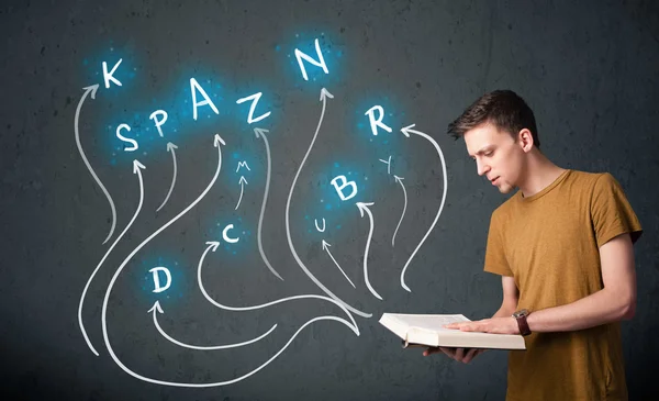 Man reading a book while multiple choices are coming out of the — Stock Photo, Image