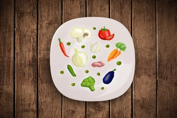 Colorful plate with hand drawn icons, symbols, vegetables and fr — Stock Image Colorful plate with hand drawn icons, symbols, vegetables and fr Stock Picture