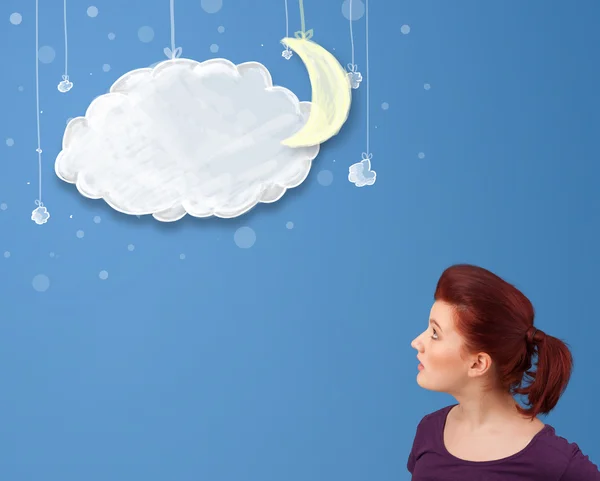 Young girl looking at cartoon night clouds with moon — Stock Photo, Image