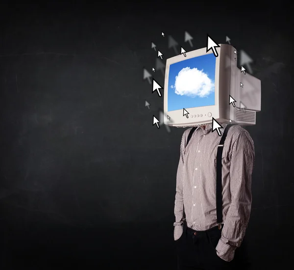 Geschäftsmann mit Monitor auf dem Kopf, Cloud-System und Pointer — Stockfoto