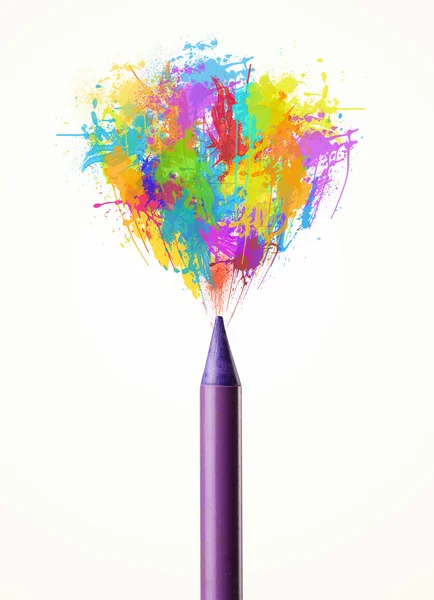 Pencil close-up with colored paint splashes — Stock Photo, Image