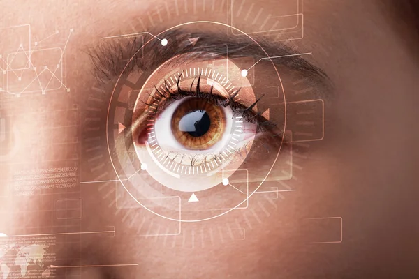 Cyber girl with technolgy eye looking — Stock Photo, Image