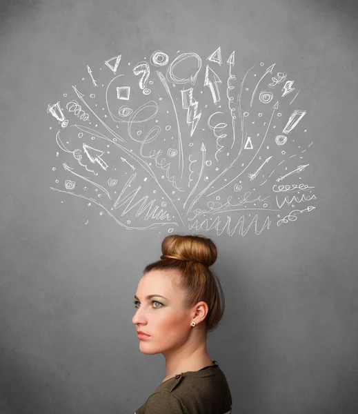 Young woman thinking with sketched arrows above her head — Stock Photo, Image