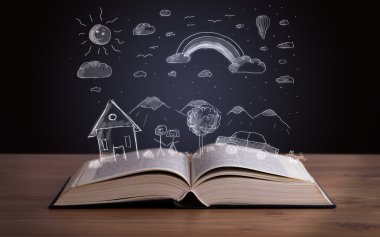 Elle çizilmiş peyzaj ile açık kitap