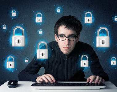 sanal kilit simgeleri ve simge ile genç hacker
