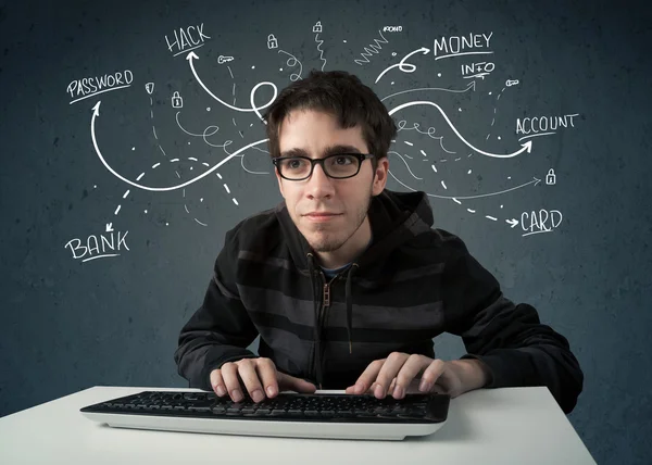 Joven hacker con pensamientos de línea dibujada blanca — Foto de Stock