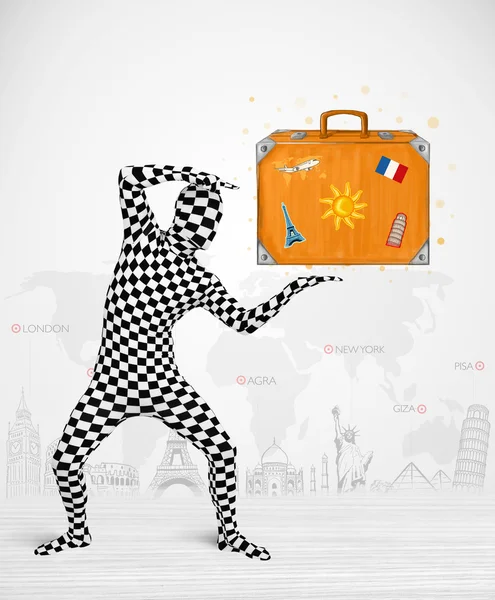 Man in full body suit presenting vacation suitcase — Stock Photo, Image