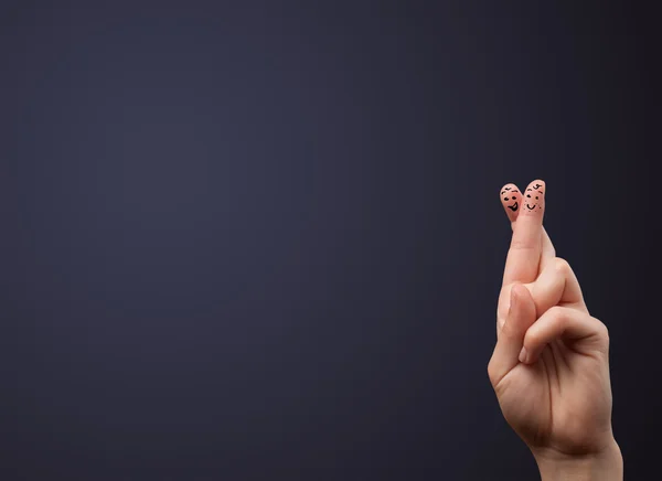 Happy smiley fingers looking at empty wall copyspace — Stock Photo, Image