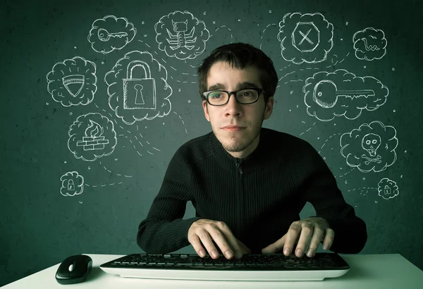 Young nerd hacker with virus and hacking thoughts — Stock Photo, Image