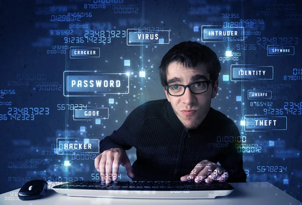 Hacker programmeren in technologie omgeving met cyber iconen — Stockfoto