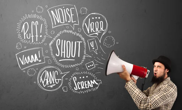 Guy in suit yelling into megaphone and hand drawn speech bubbles — Stock Photo, Image