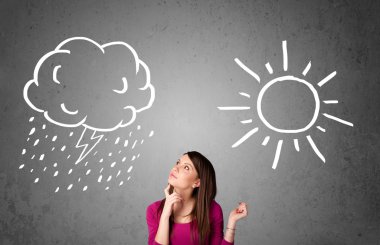 bir güneş ve yağmur çizme arasında duran kadın