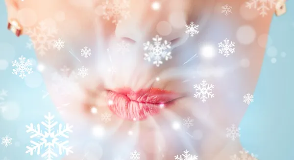 Pretty woman mouth blowing cold breeze — Stock Photo, Image