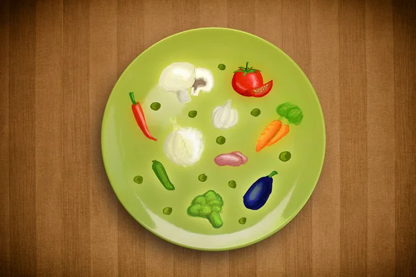 Colorful plate with hand drawn icons, symbols, vegetables and fr — Stock Photo, Image