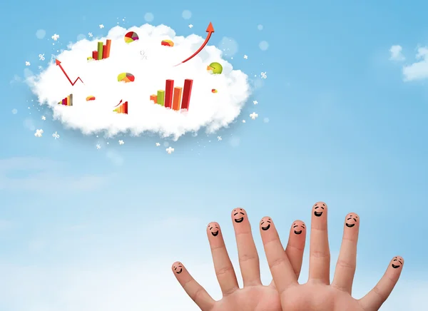 Happy finger smiley with graph cloud icons in the sky — Stock Photo, Image