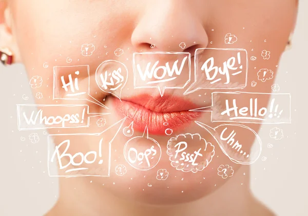 Beautiful red lips with white speech bubbles — Stock Photo, Image