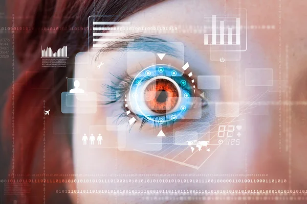 Futura mujer con concepto de panel ocular de tecnología cibernética — Foto de Stock