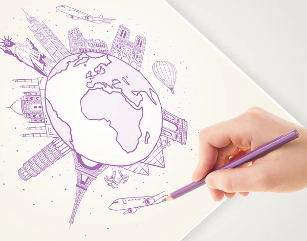 Hand drawing vacation trip around the earth with landmarks and c — Stock Photo, Image