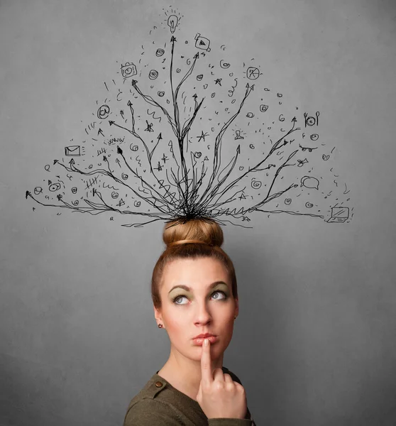 Young woman with tangled lines coming out of her head — Stock Photo, Image