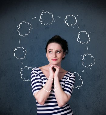 Young woman thinking with cloud circulation around her head clipart