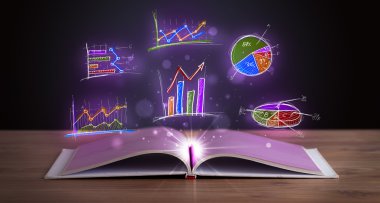 Parlak grafik çizimleriyle ahşap güvertede kitap