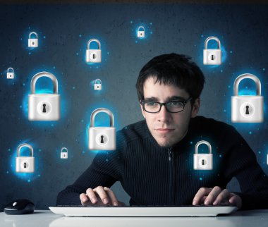 sanal kilit simgeleri ve simge ile genç hacker