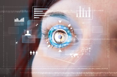 Siber teknoloji göz paneli konsepti ile gelecekteki kadın