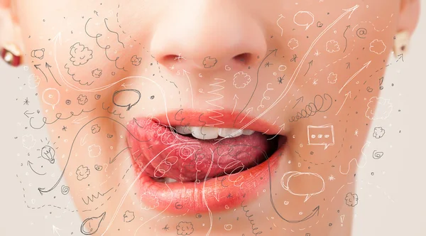 güzel kadın ağzı üfleme elle çizilmiş simgeler ve semboller