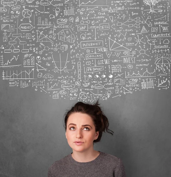 Young woman gesturing with sketched charts above her head — Stock Photo, Image