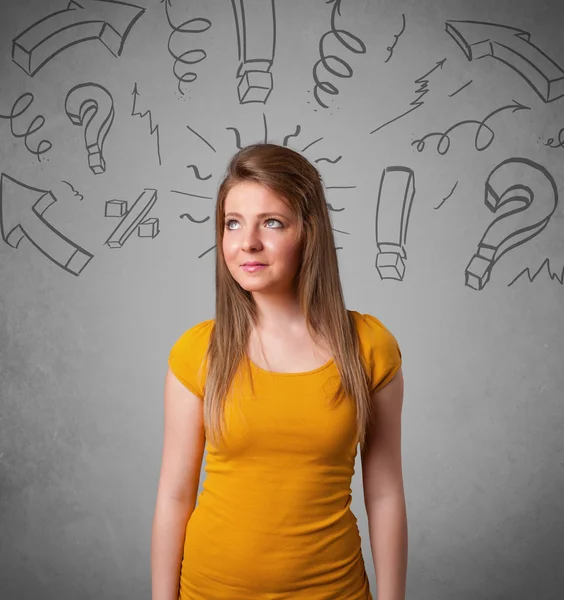 Cute young girl with question sign doodles — Stock Photo, Image