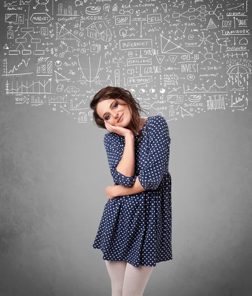 Junge hübsche Dame mit handgezeichneten Berechnungen und Symbolen — Stockfoto
